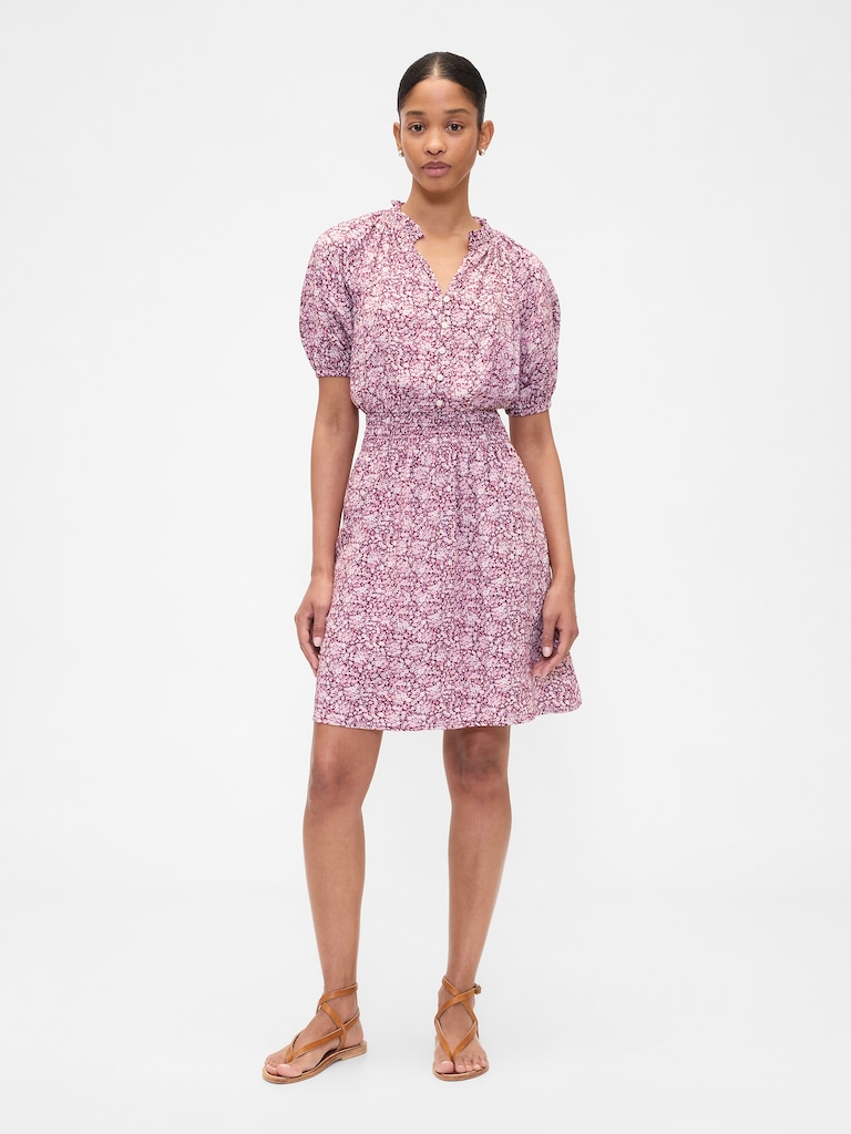 Relaxed Smocked Splitneck Mini Dress