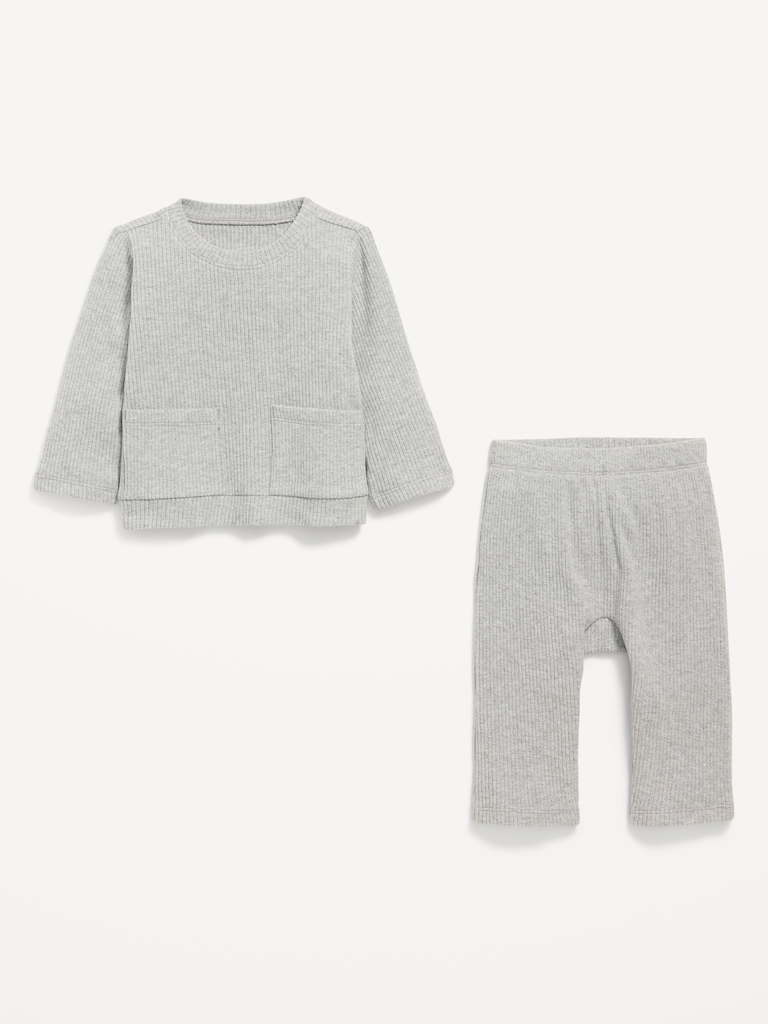 Long-Sleeve Ribbed Pocket T-Shirt and Pants Set for Baby
