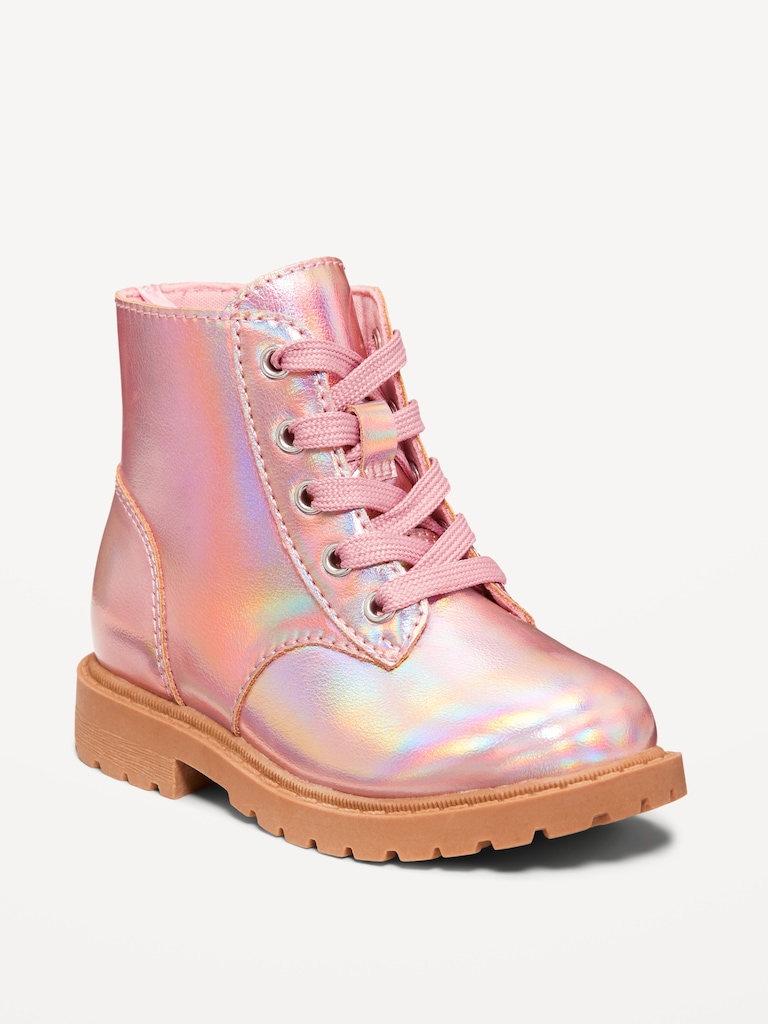 Shiny Faux-Leather Side-Zip Combat Boots for Toddler Girls