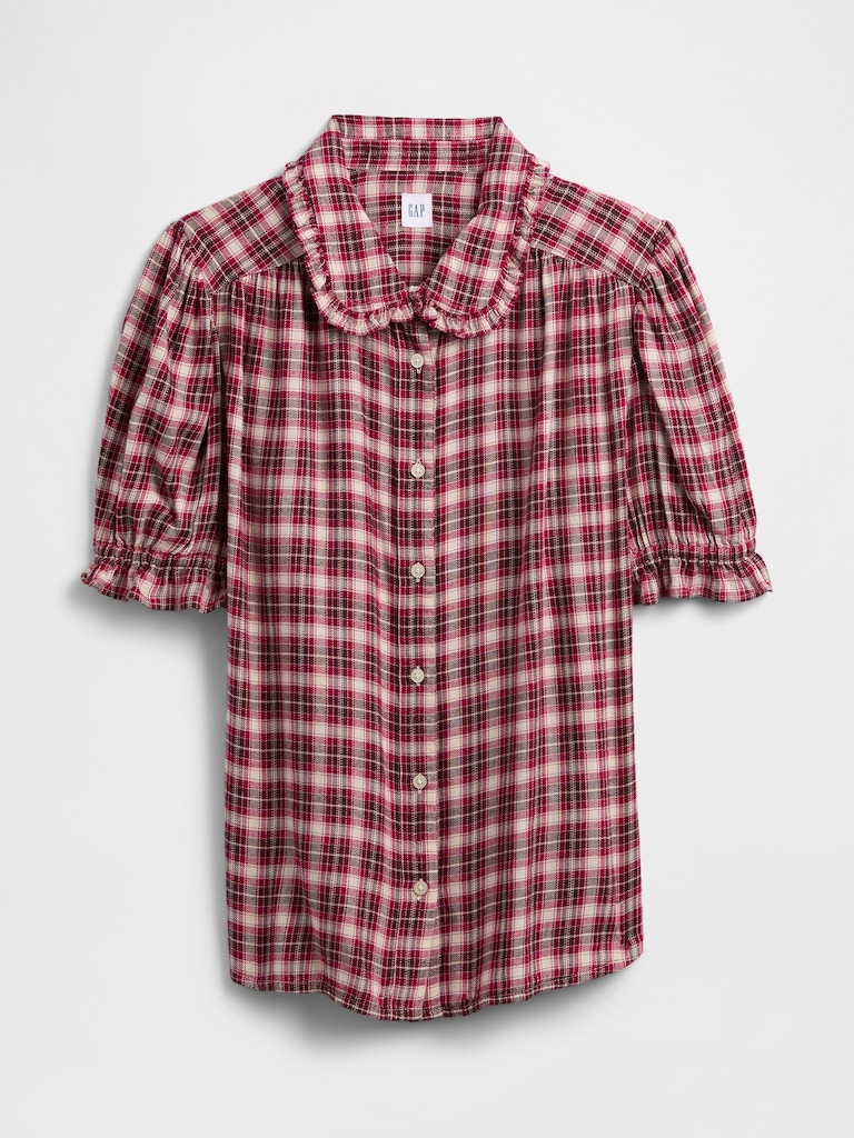 Relaxed Flannel Puff Sleeve Shirt