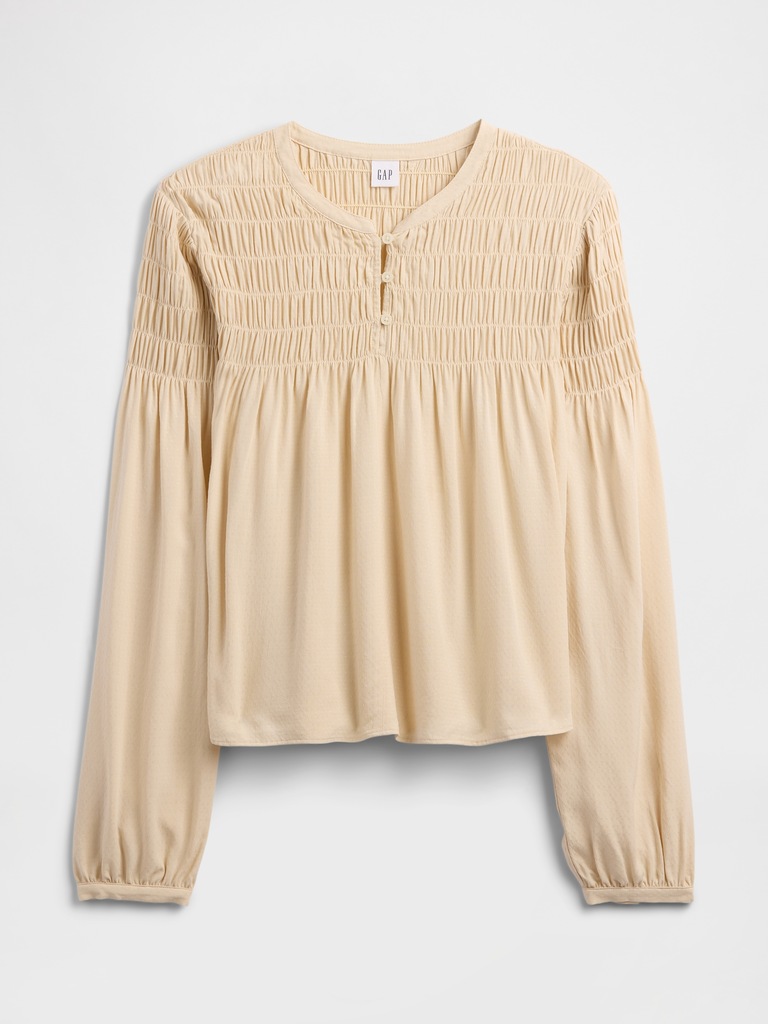Relaxed Smocked Balloon-Sleeve Top