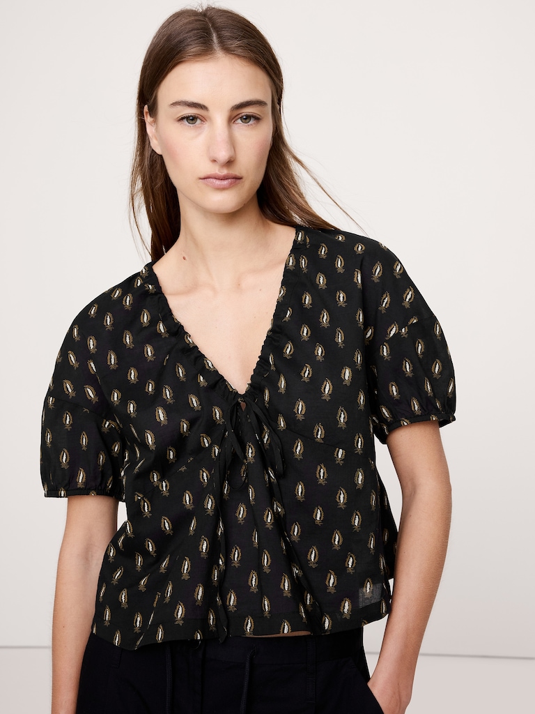 Cotton Tie-Front V-Neck Top