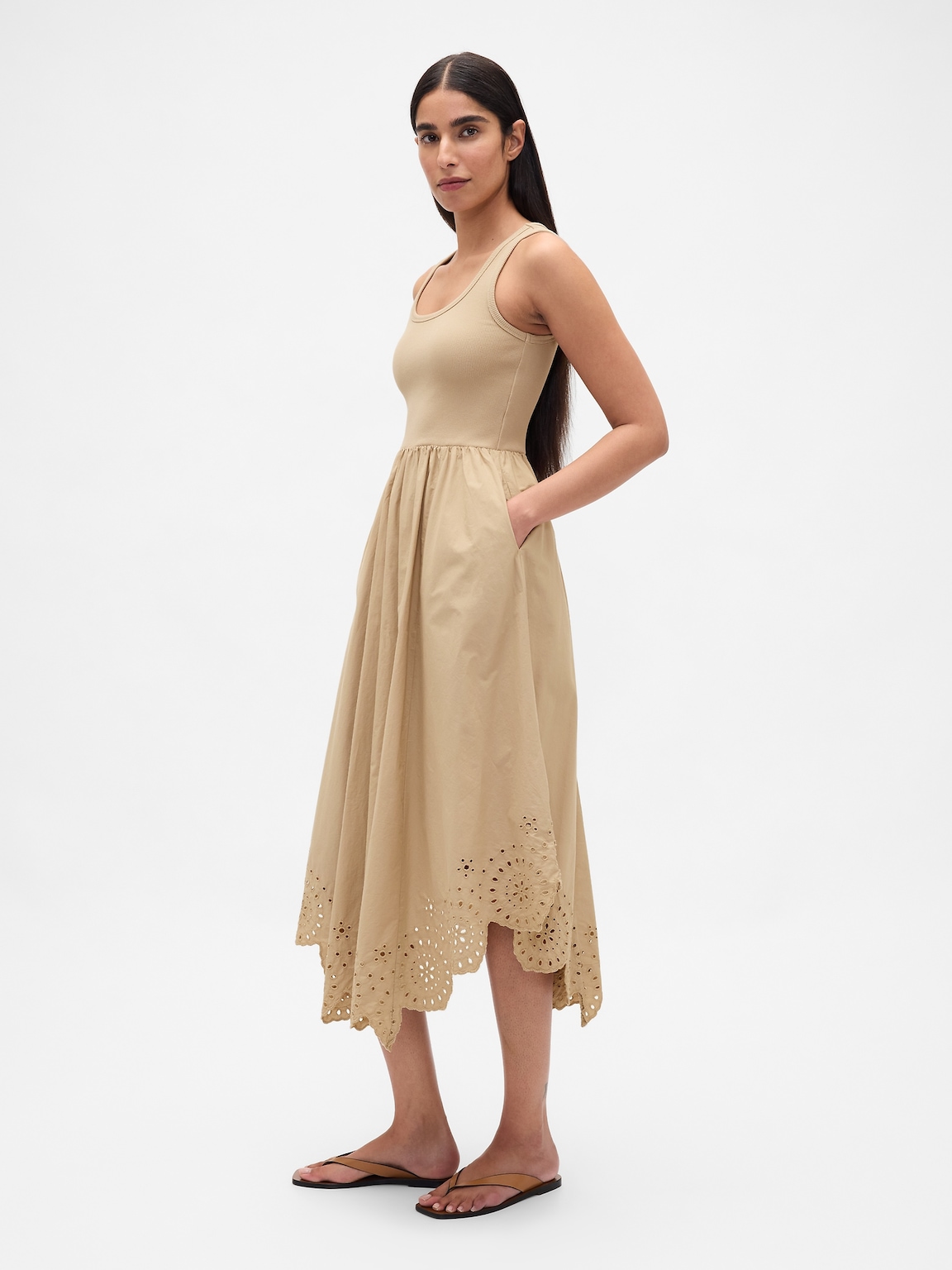 Mixed Media Handkerchief Hem Midi Dress