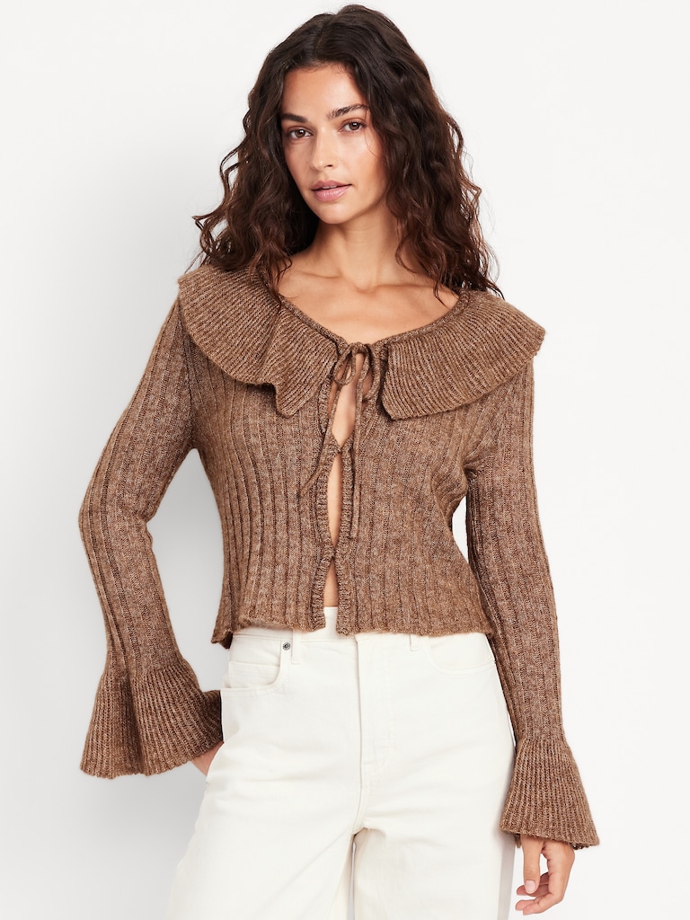 Wool-Blend Ruffle Tie-Front Cropped Cardigan