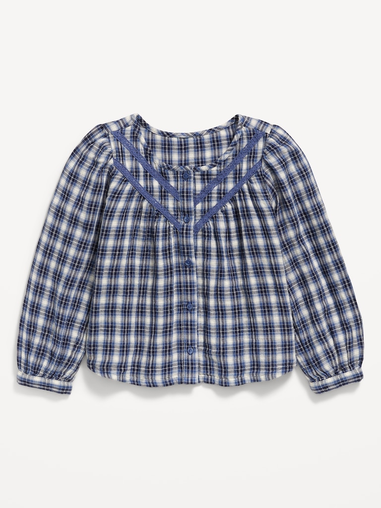 Long-Sleeve Plaid Lace Trim Button-Front Top for Girls