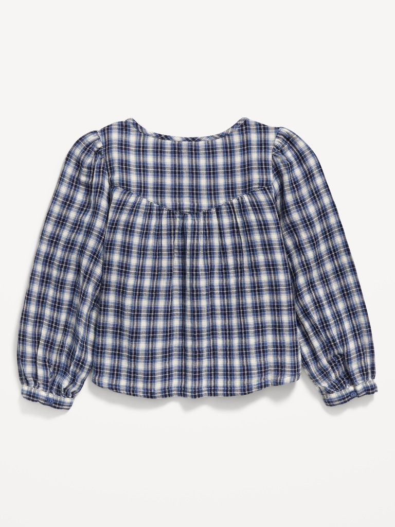Long-Sleeve Plaid Lace Trim Button-Front Top for Girls