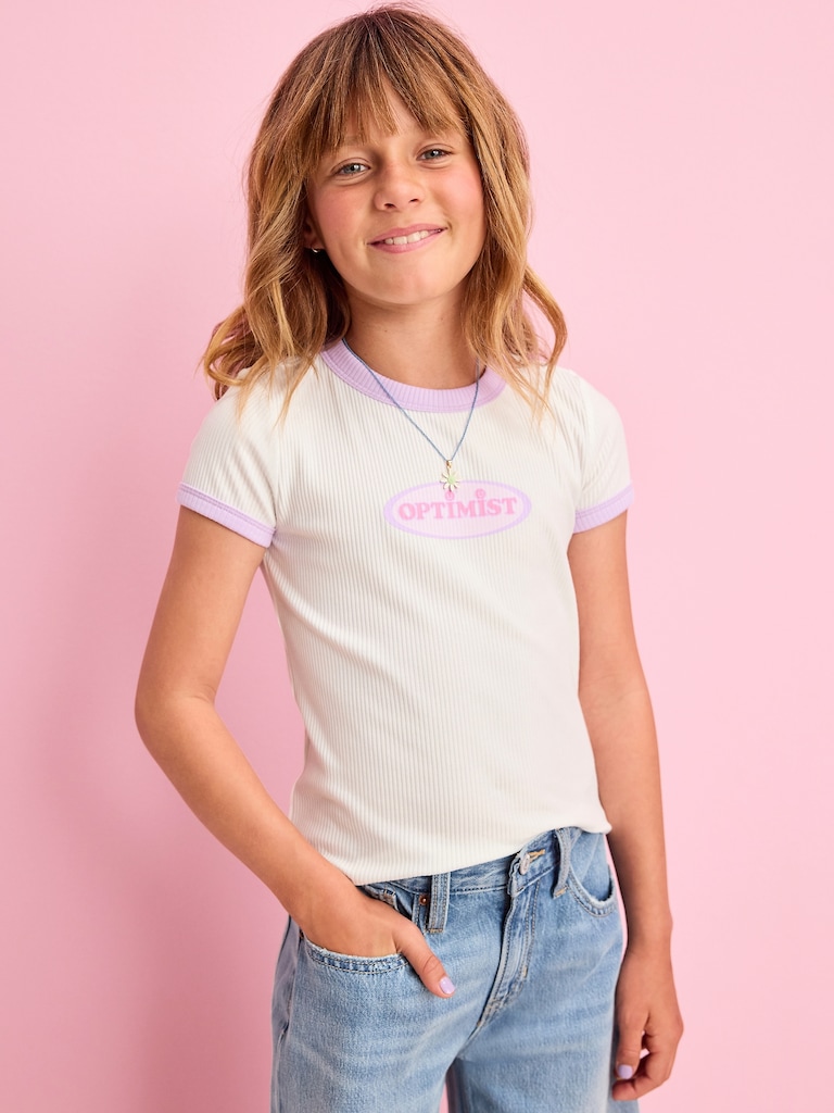Fitted Short-Sleeve Ribbed Graphic Ringer T-Shirt for Girls