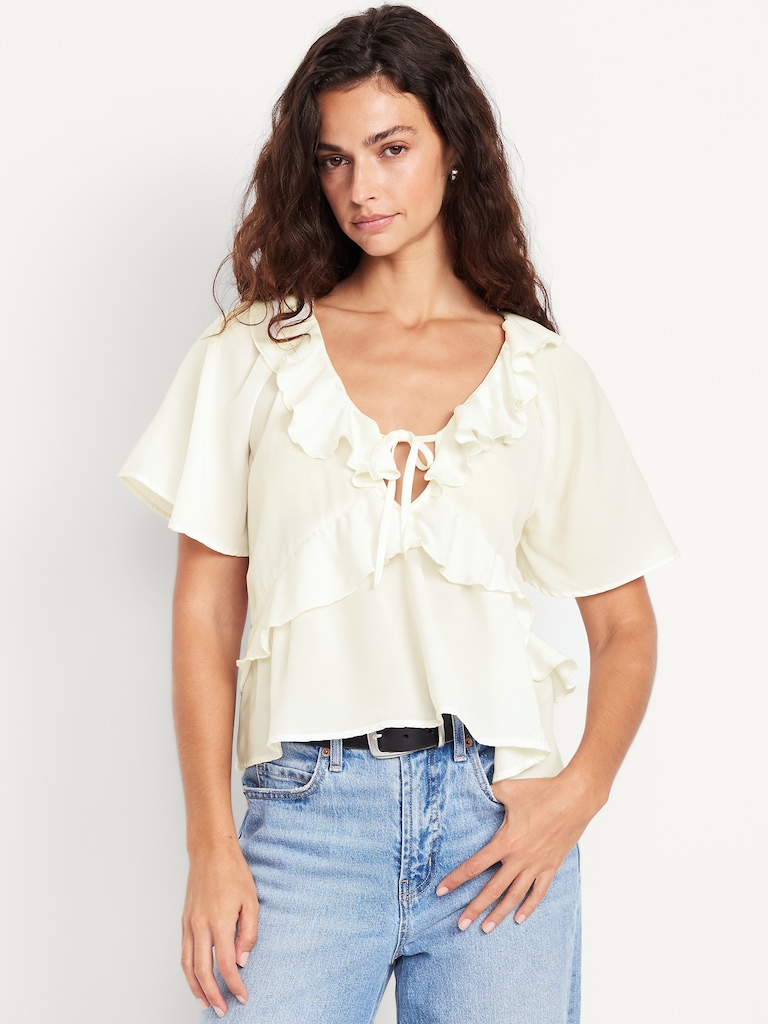 Satin Ruffle Tie-Front Top