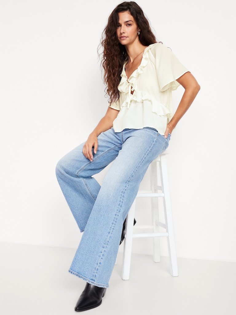 Satin Ruffle Tie-Front Top