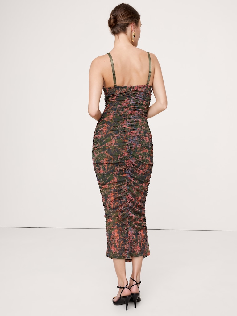 Ruched Mesh Corset Midi Dress