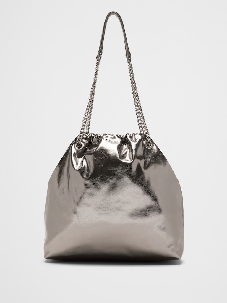 Vegan Leather Gathered Chain Bucket Bag