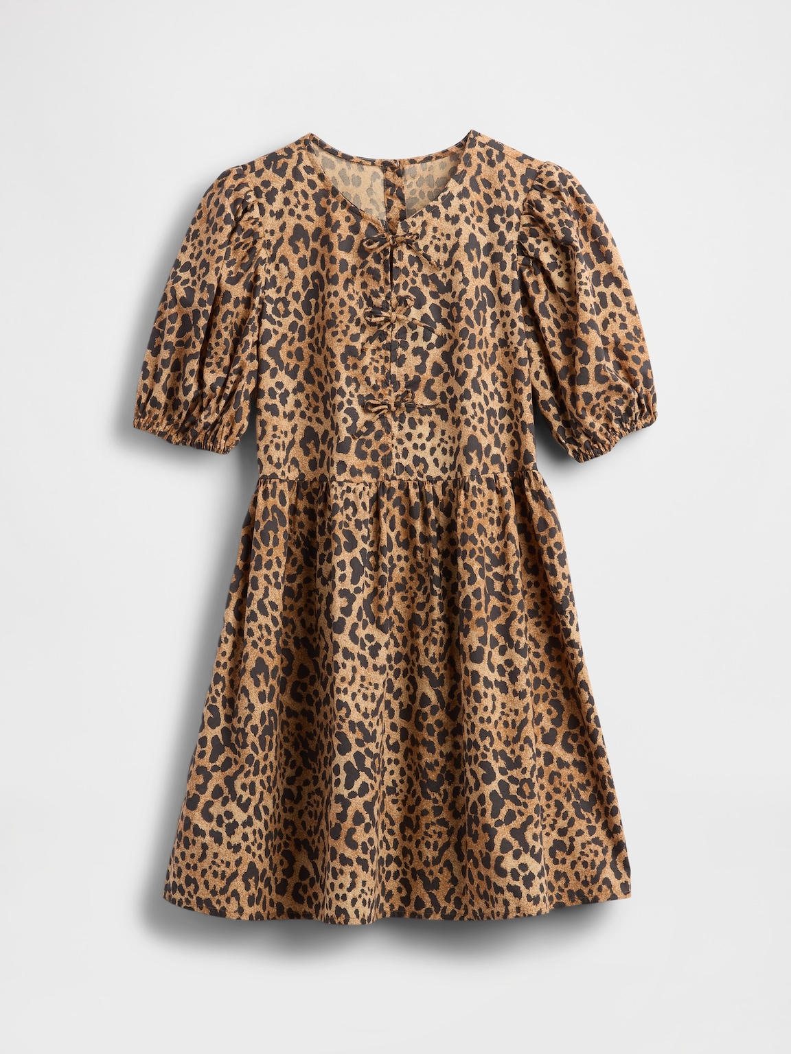 Kids Poplin Puff-Sleeve Leopard Dress