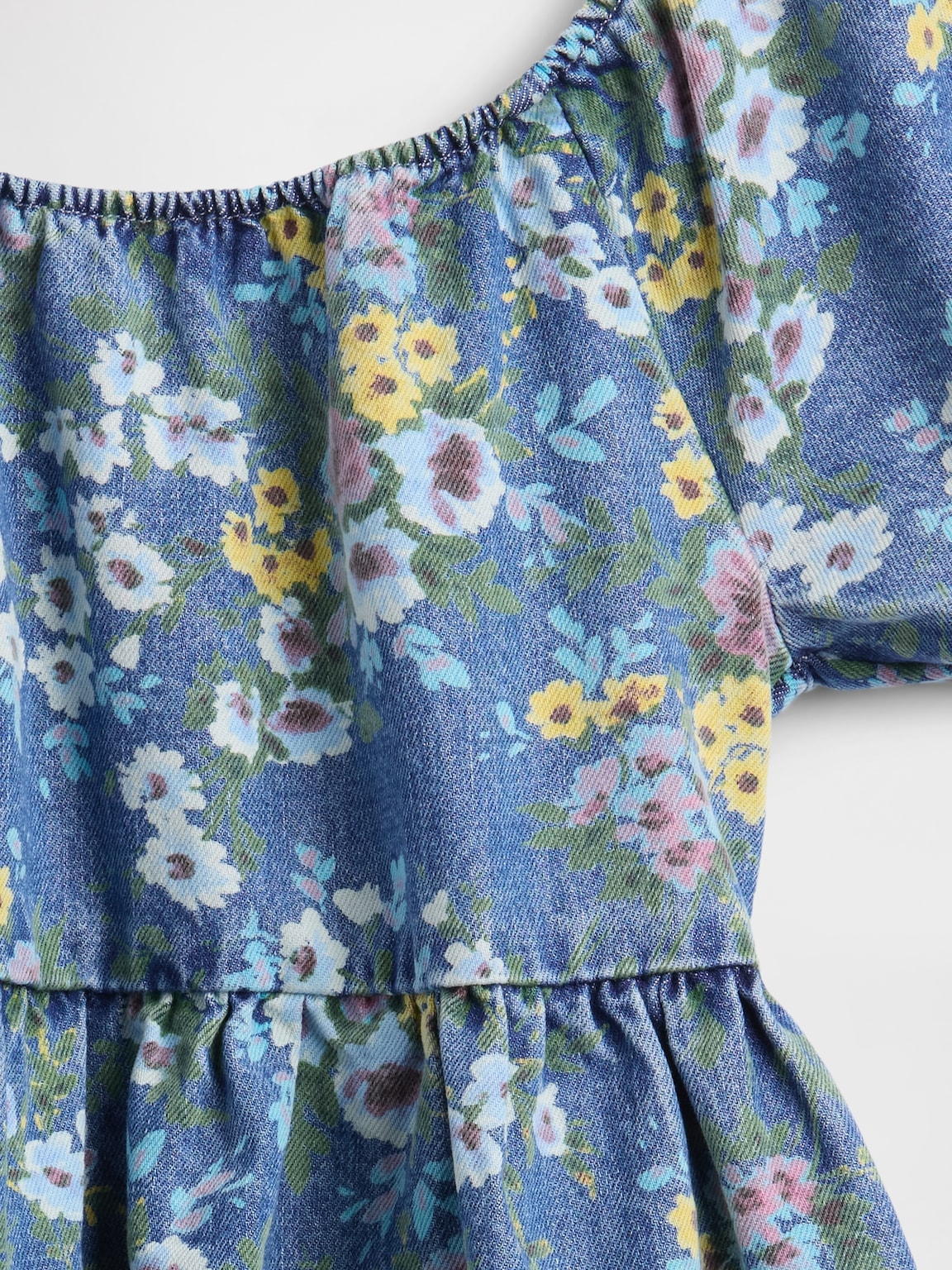 Kids Denim Puff-Sleeve Floral Dress