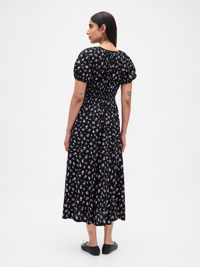 Puff-Sleeve Midi Dress