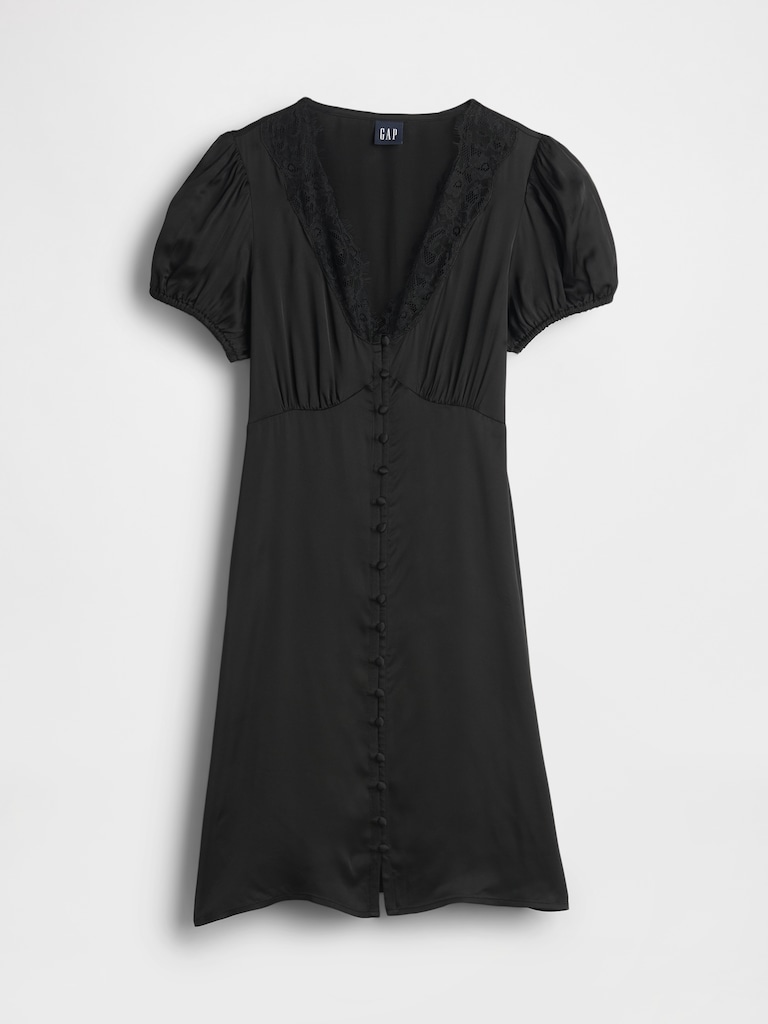 Satin Lace-Trim V-Neck Mini Dress