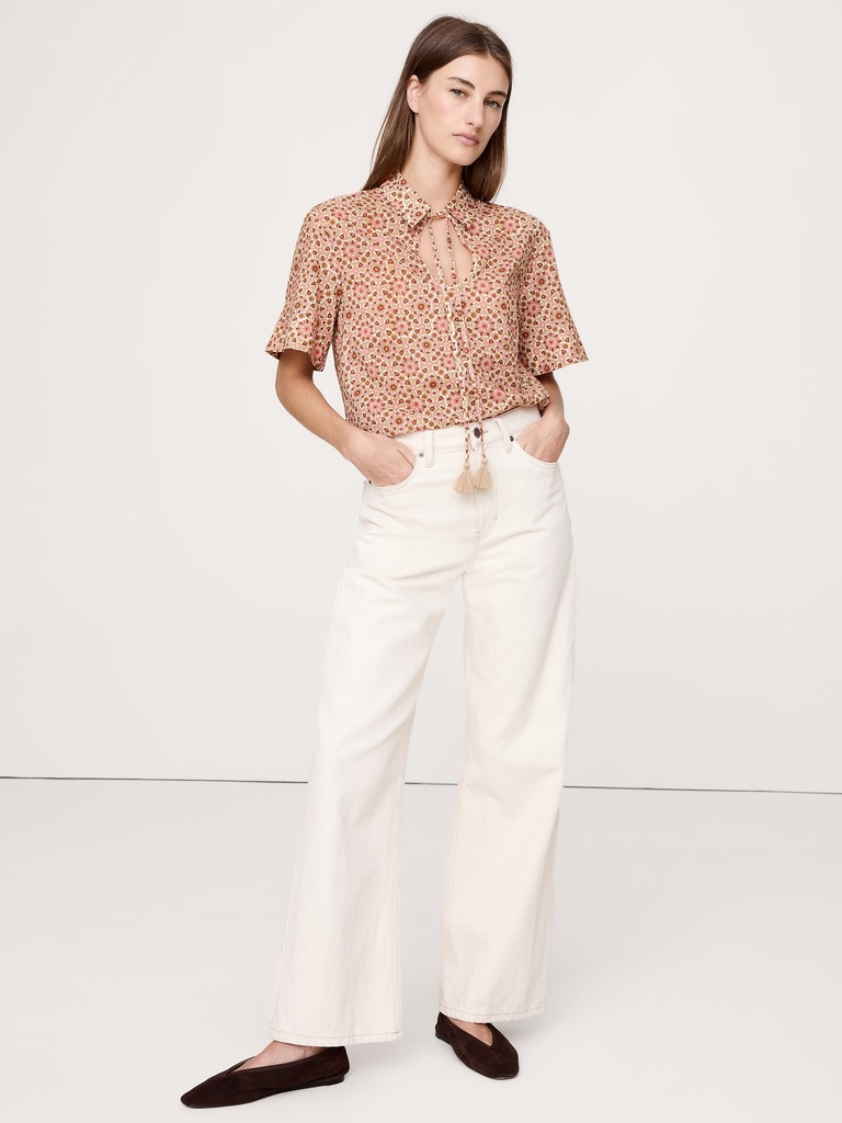 Cotton Popover Shirt with Tassel Tie