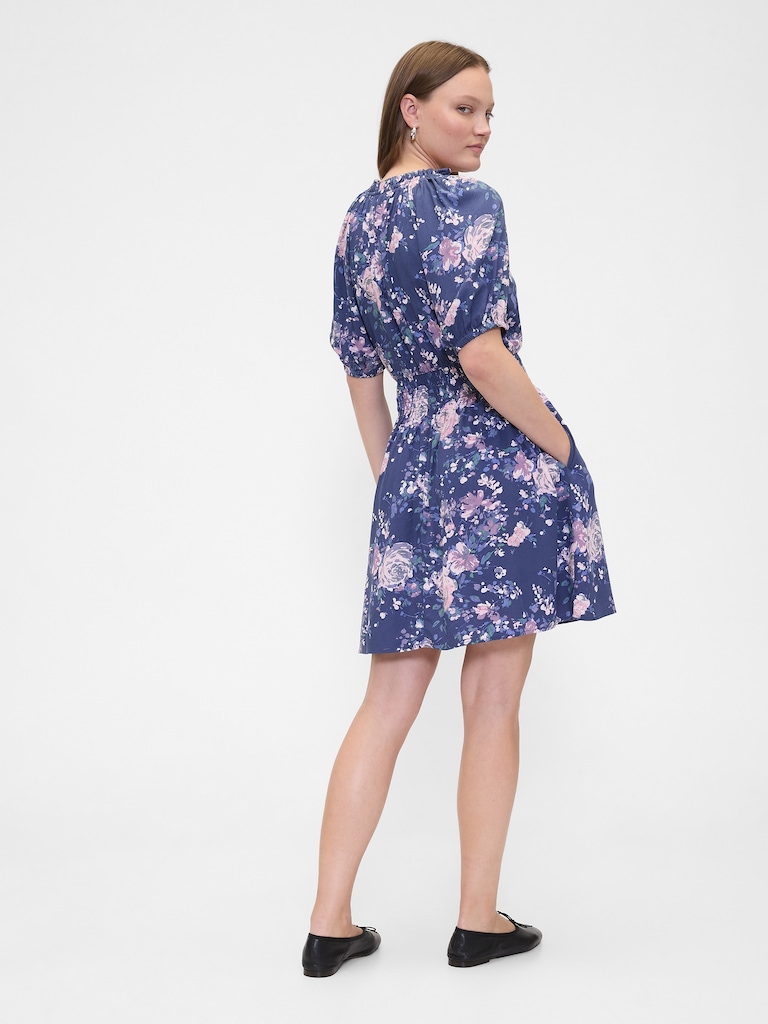 Relaxed Smocked Splitneck Mini Dress