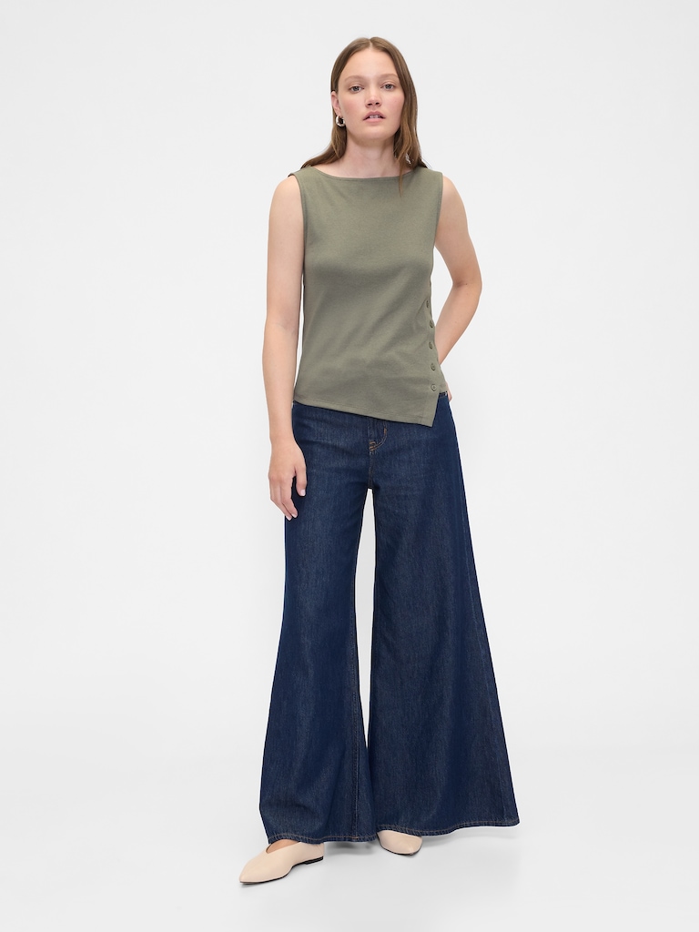 Asymmetrical Boatneck Button Top