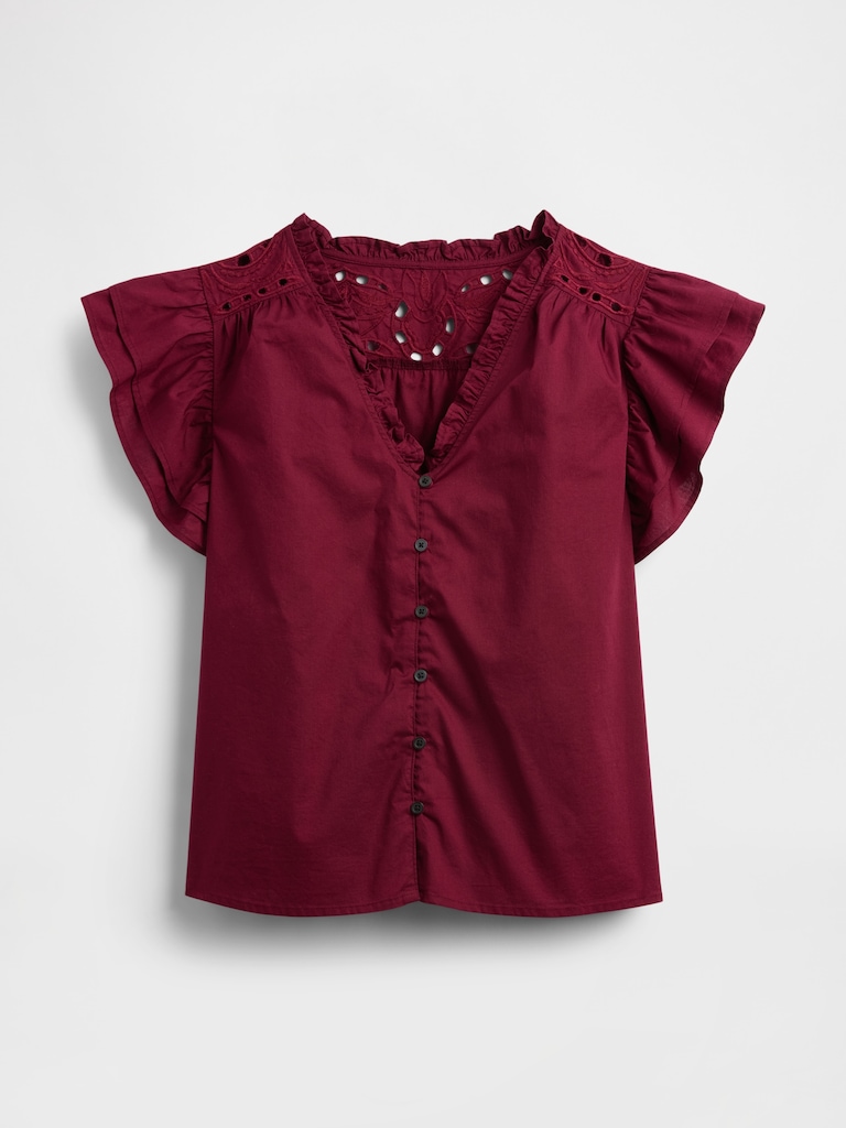 Relaxed Poplin Flutter Sleeve Top