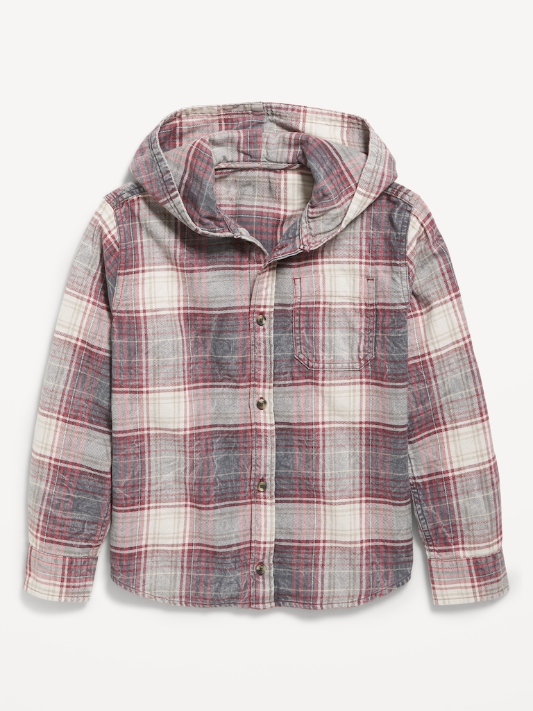 Long-Sleeve Plaid Washed Flannel Hooded Shirt for Boys