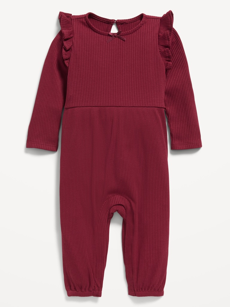 Long-Sleeve Ruffle-Trim Ribbed Jumpsuit for Baby