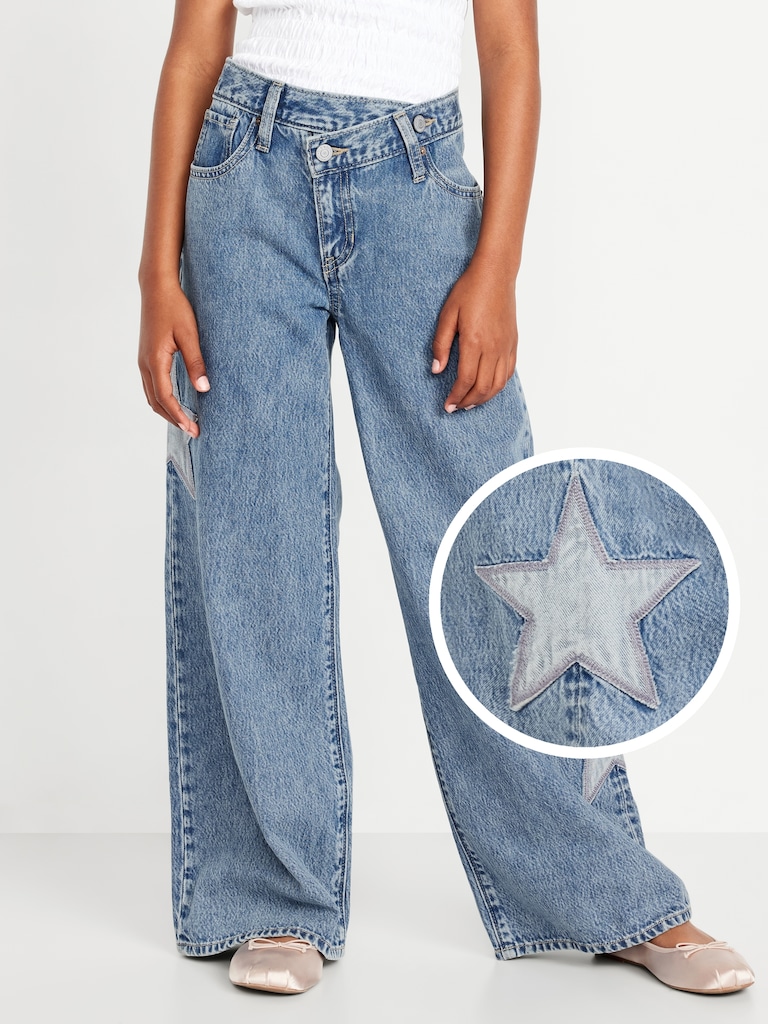 Super Baggy Embroidered Crossover Wide-Leg Jeans for Girls