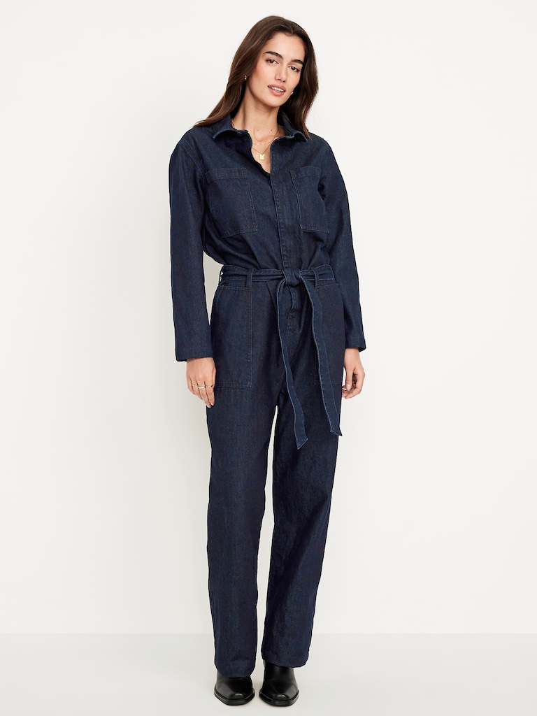 Long-Sleeve Denim Jumpsuit
