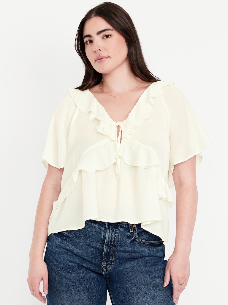 Satin Ruffle Tie-Front Top