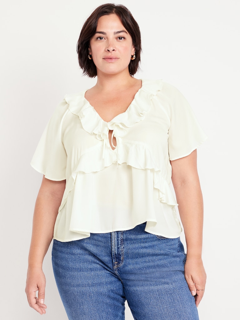 Satin Ruffle Tie-Front Top