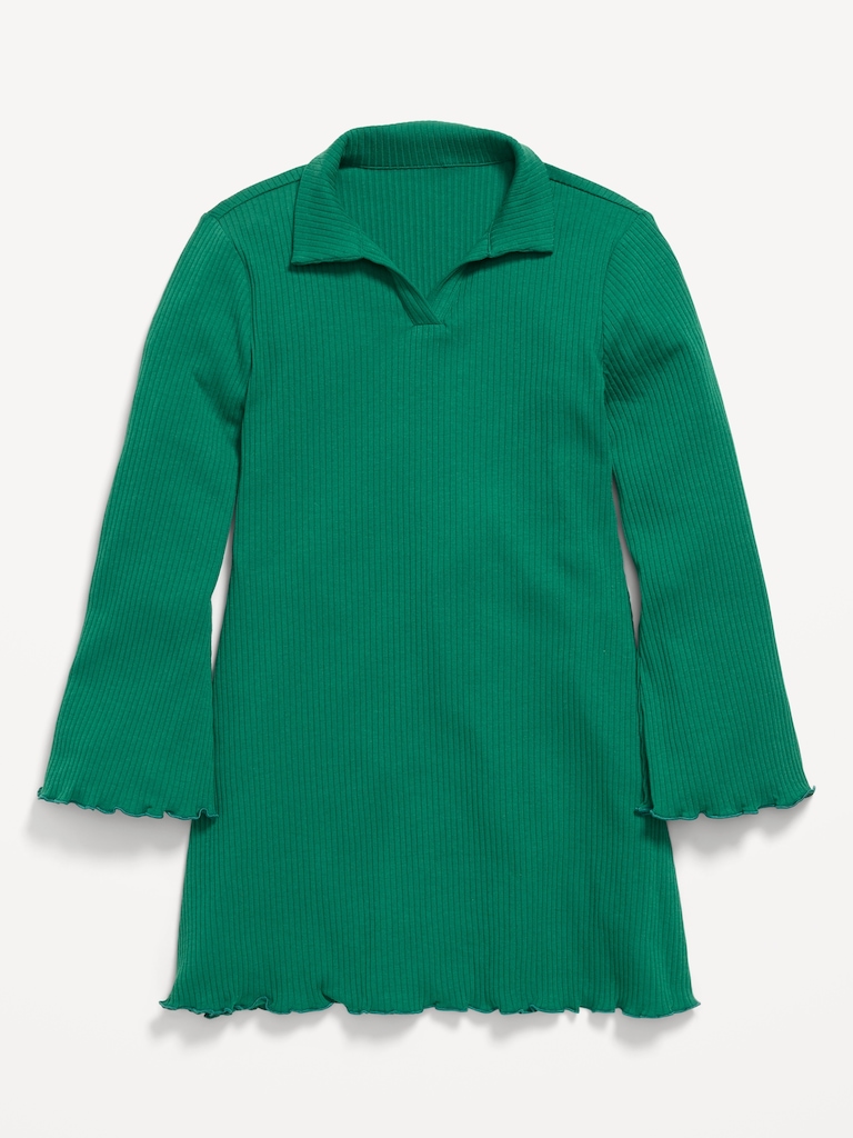 Long-Sleeve Fit and Flare Ribbed Polo Dress for Girls