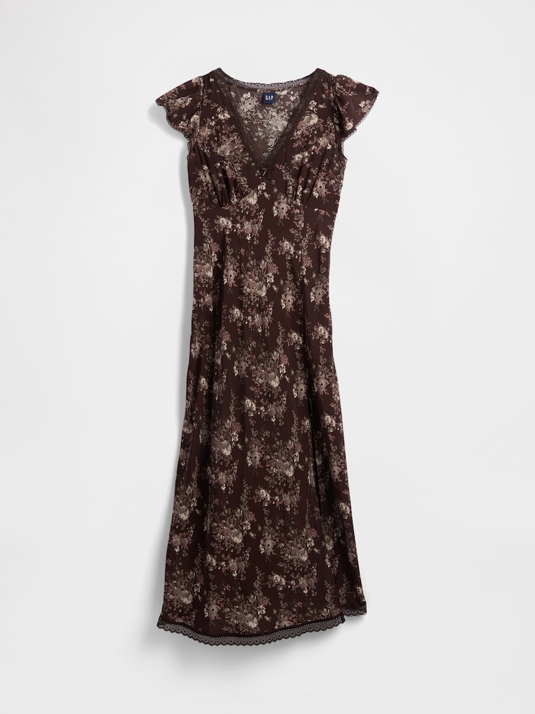 Lace-Trim V-Neck Crepe Maxi Dress