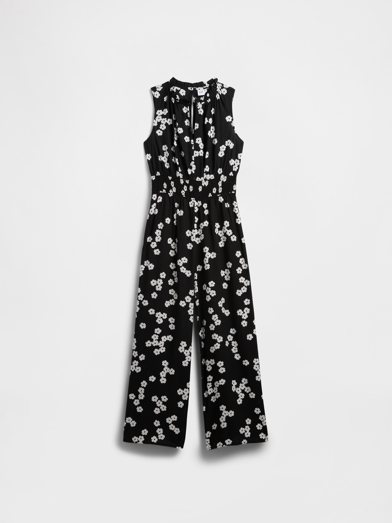 Smocked Wide-Leg V-Neck Jumpsuit