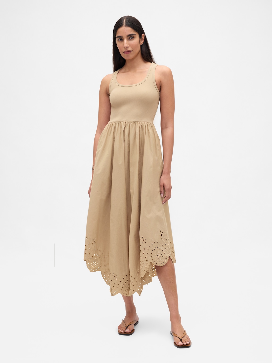 Mixed Media Handkerchief Hem Midi Dress
