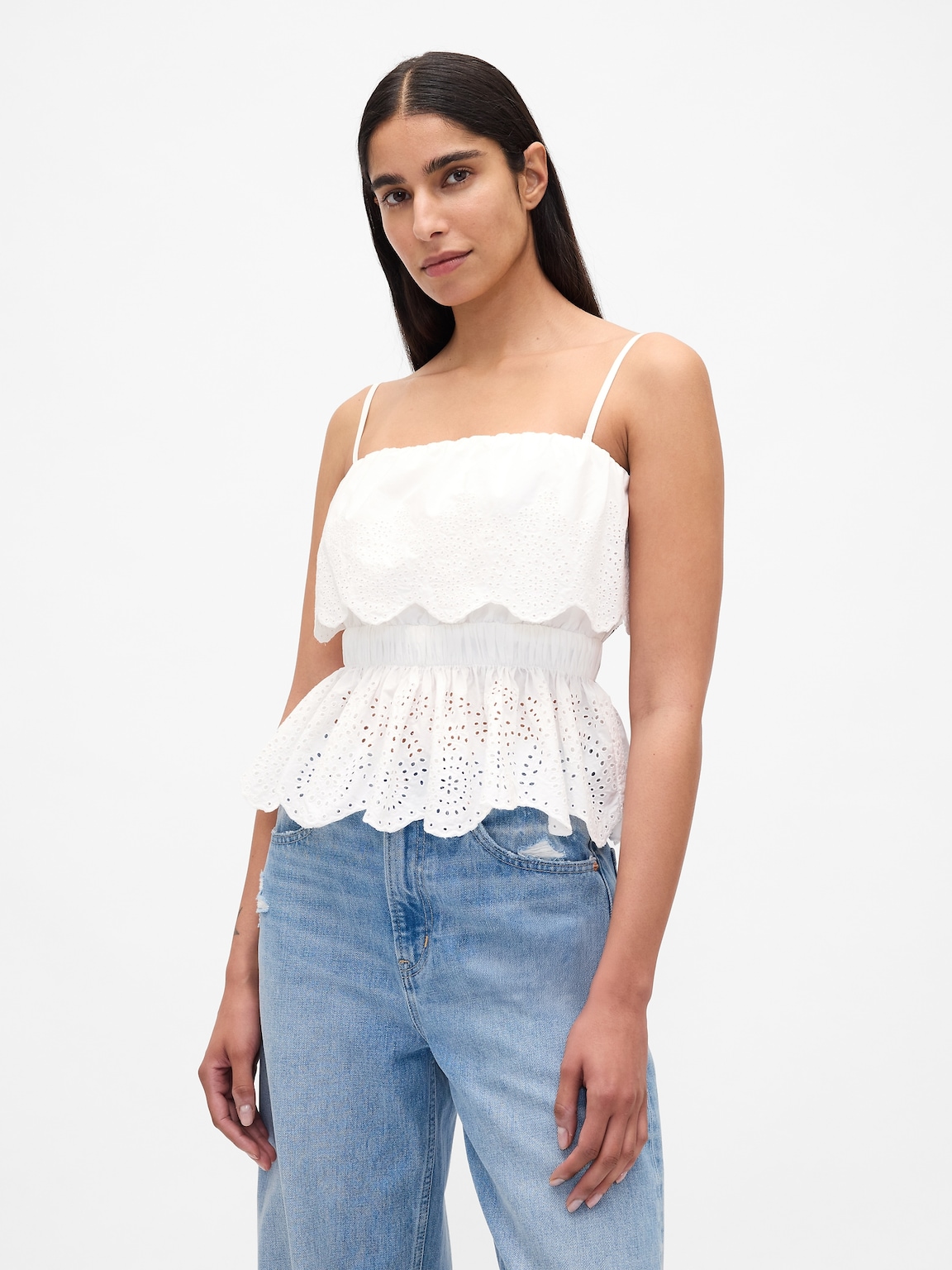 Poplin Eyelet Ruffle Top