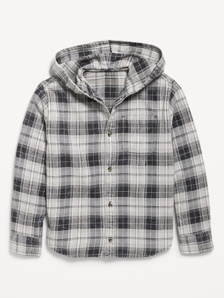 Long-Sleeve Plaid Washed Flannel Hooded Shirt for Boys