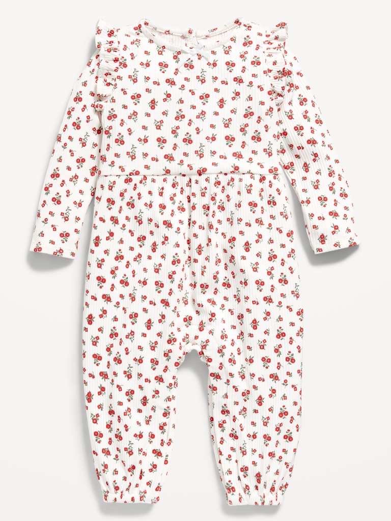 Long-Sleeve Ruffle-Trim Ribbed Jumpsuit for Baby