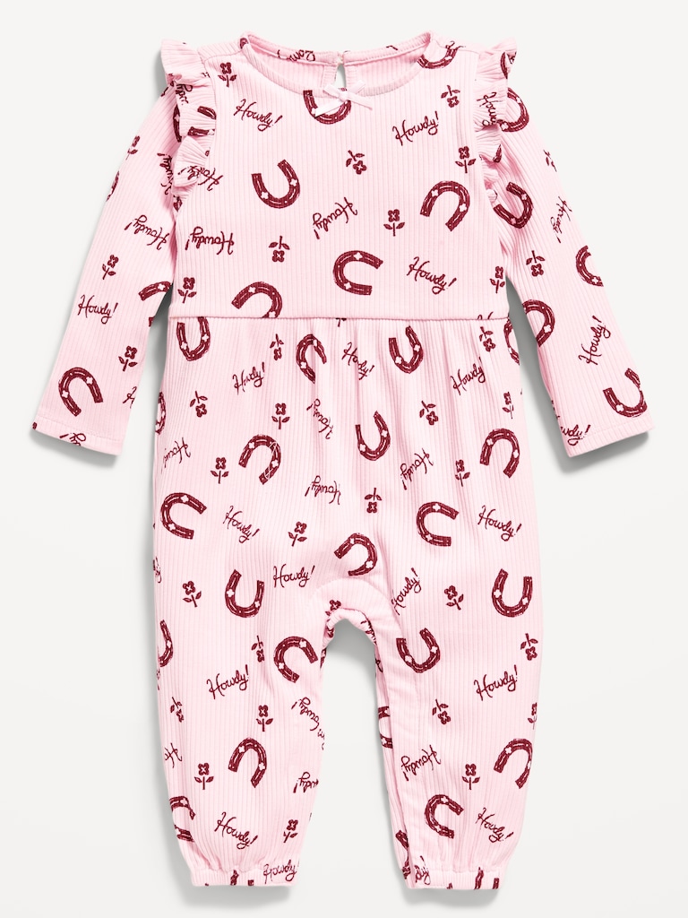 Long-Sleeve Ruffle-Trim Ribbed Jumpsuit for Baby