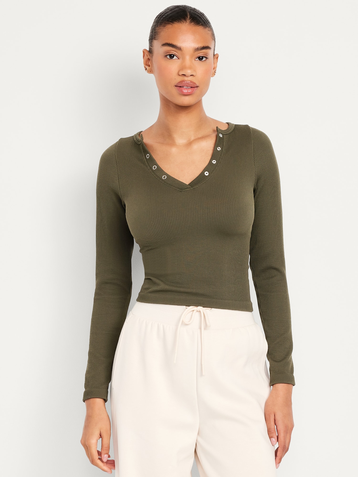 Exhale Seamless Cropped Henley Top | Old Navy