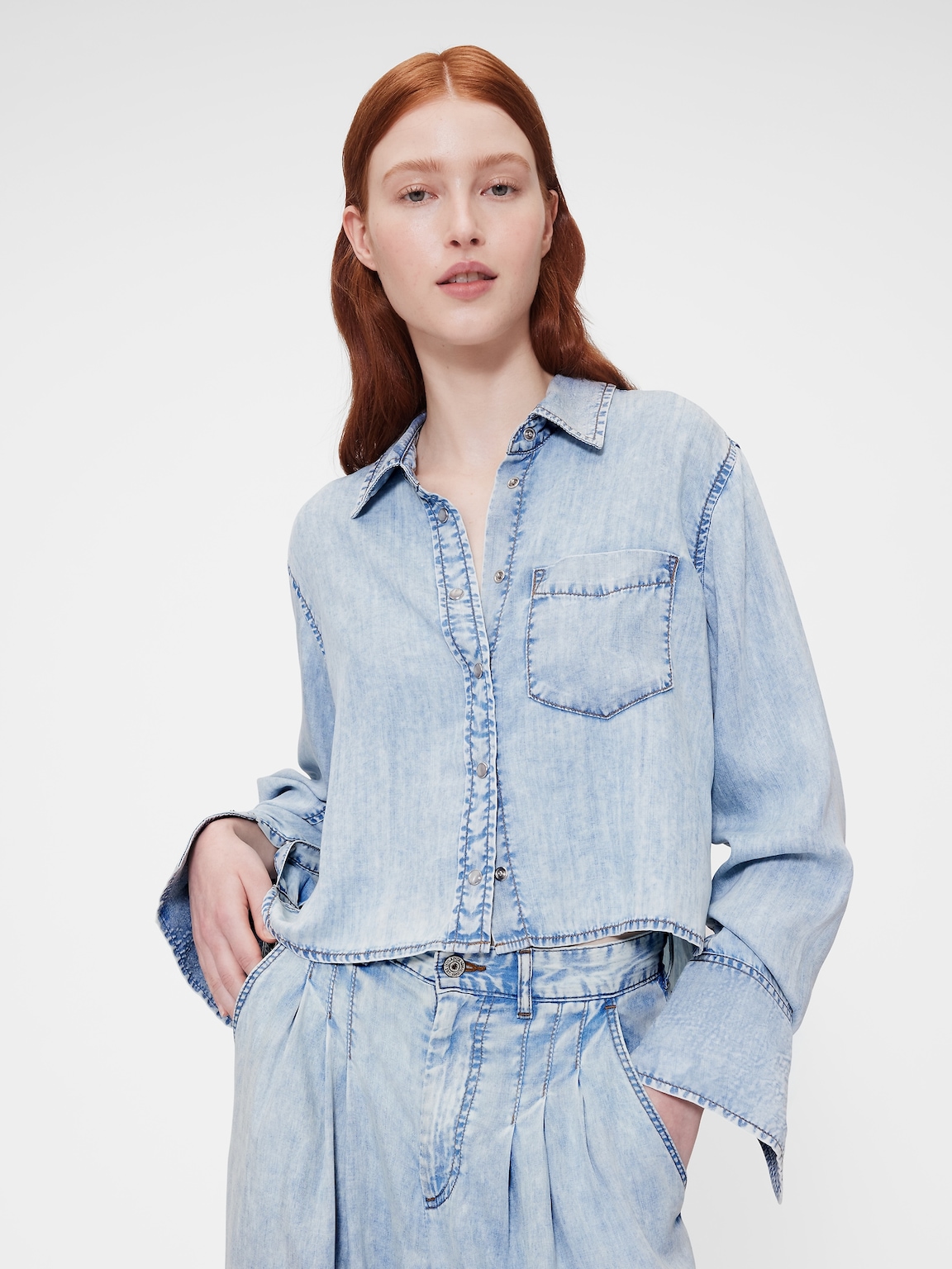 GapStudio Draped Denim Crop Shirt