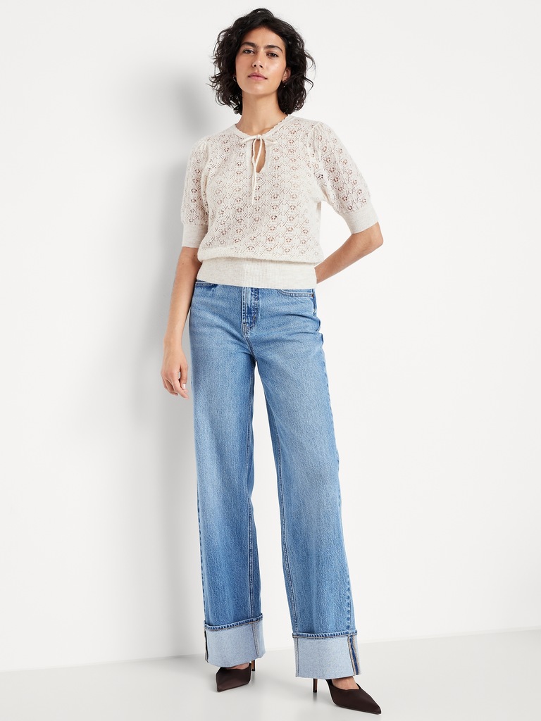 Wool-Blend Puff-Sleeve Tie-Neck Sweater