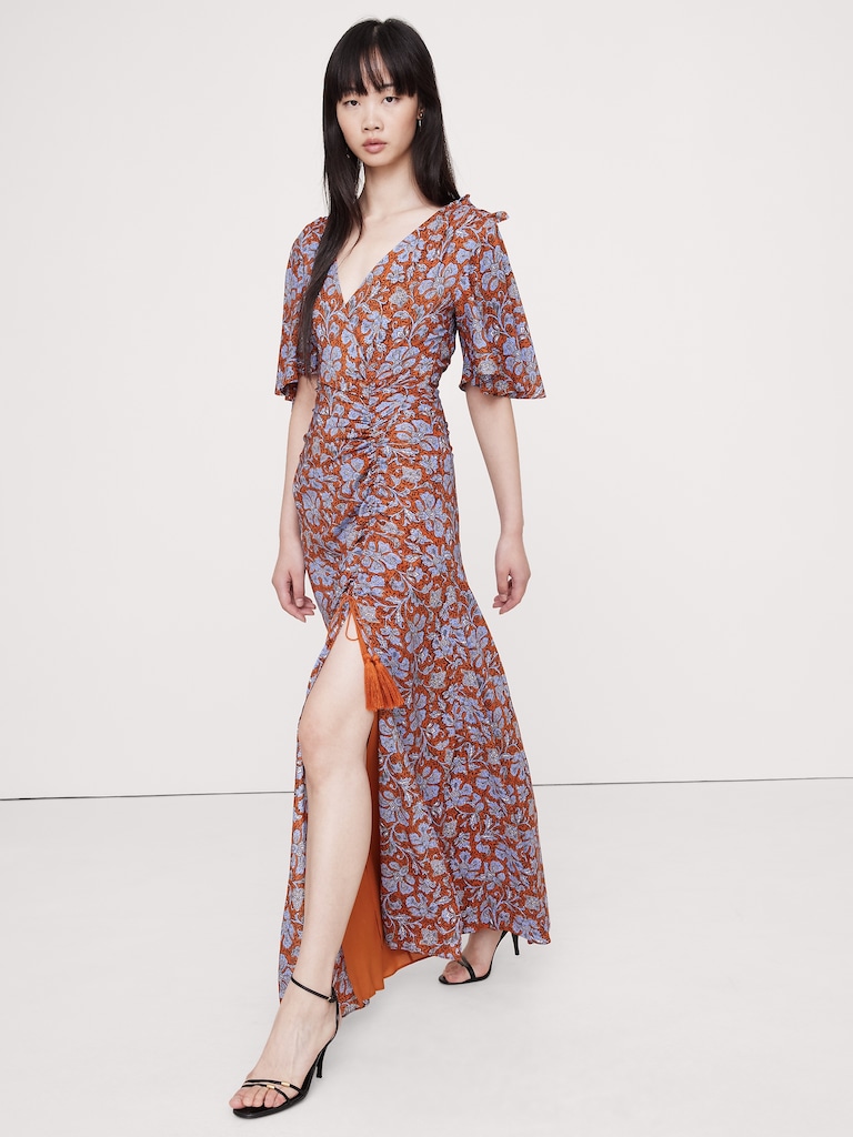 Stretch-Crepe Flutter-Sleeve Maxi Dress
