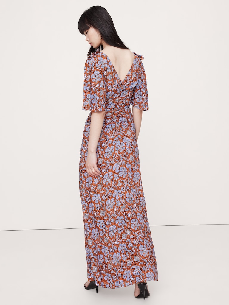 Stretch-Crepe Flutter-Sleeve Maxi Dress