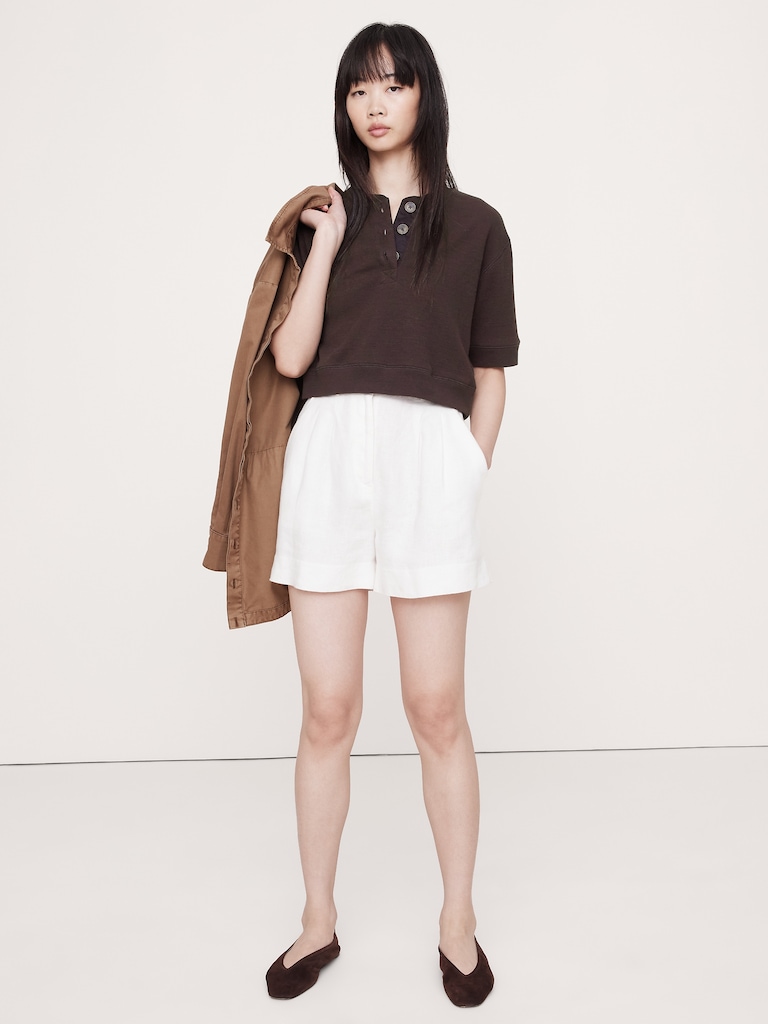 Waffle-Knit Cropped Henley