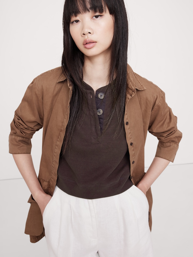 Waffle-Knit Cropped Henley