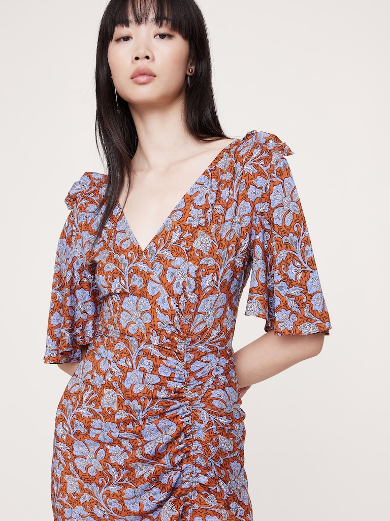 Stretch-Crepe Flutter-Sleeve Maxi Dress