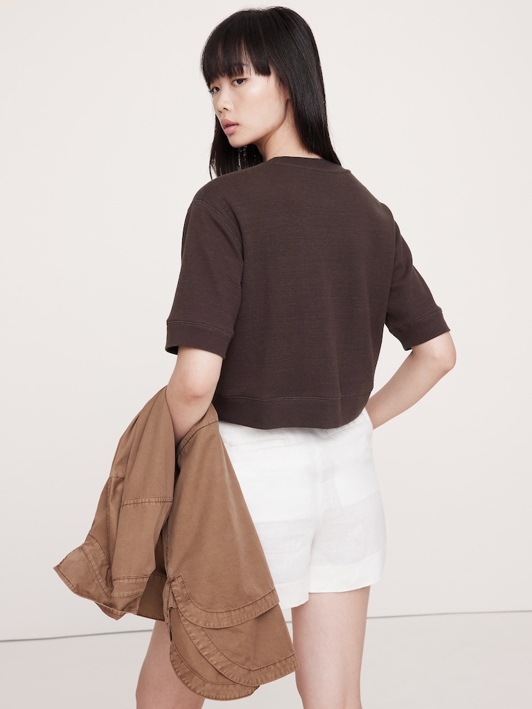 Waffle-Knit Cropped Henley