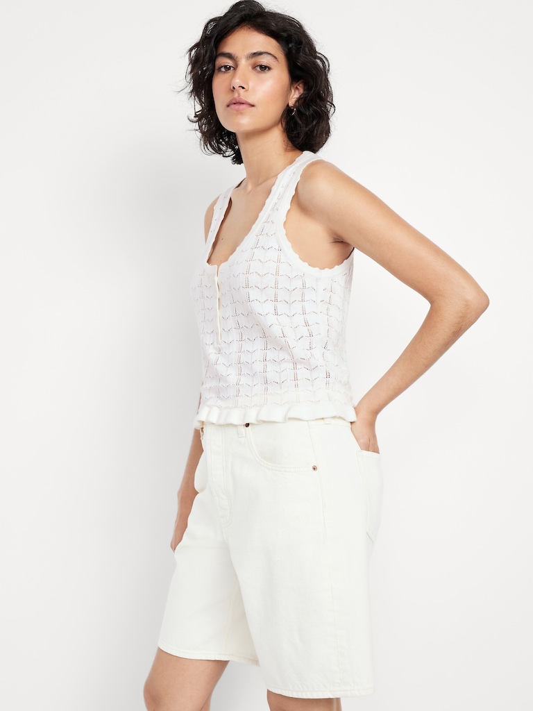 Sleeveless Pointelle Cropped Henley Top