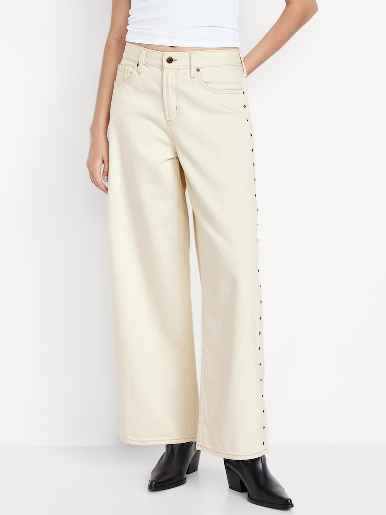 High-Waisted Baggy Wide-Leg Studded Jeans