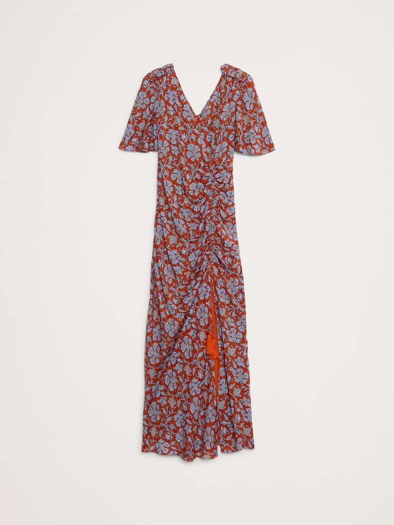 Stretch-Crepe Flutter-Sleeve Maxi Dress