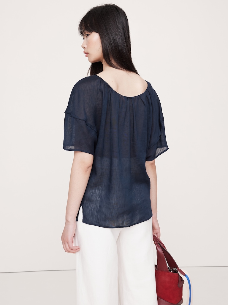Linen-Viscose Puff-Sleeve Top
